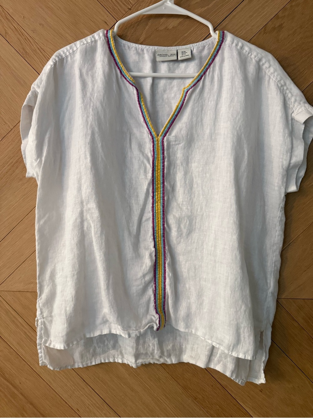 Rachel Zoe White Linen Short Sleeve Tunic with Rainbow Trim